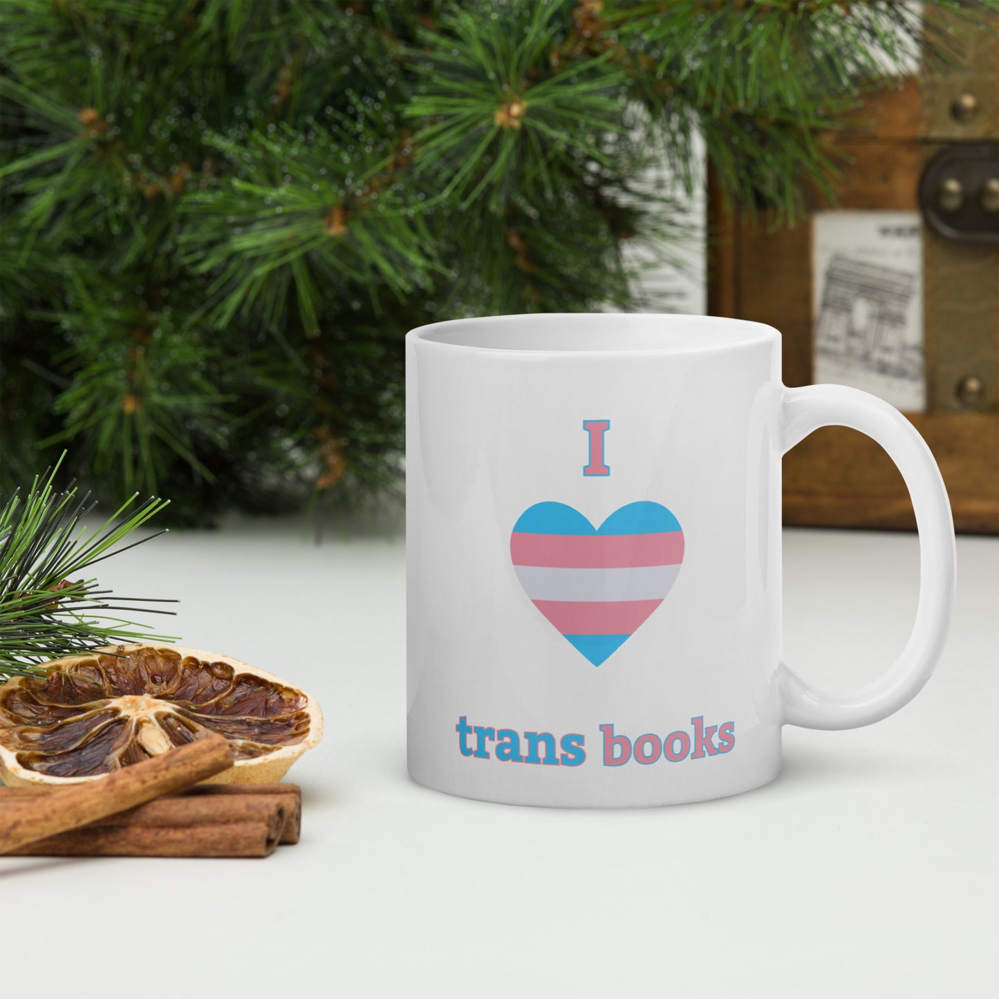 I Love Trans Books White glossy mug