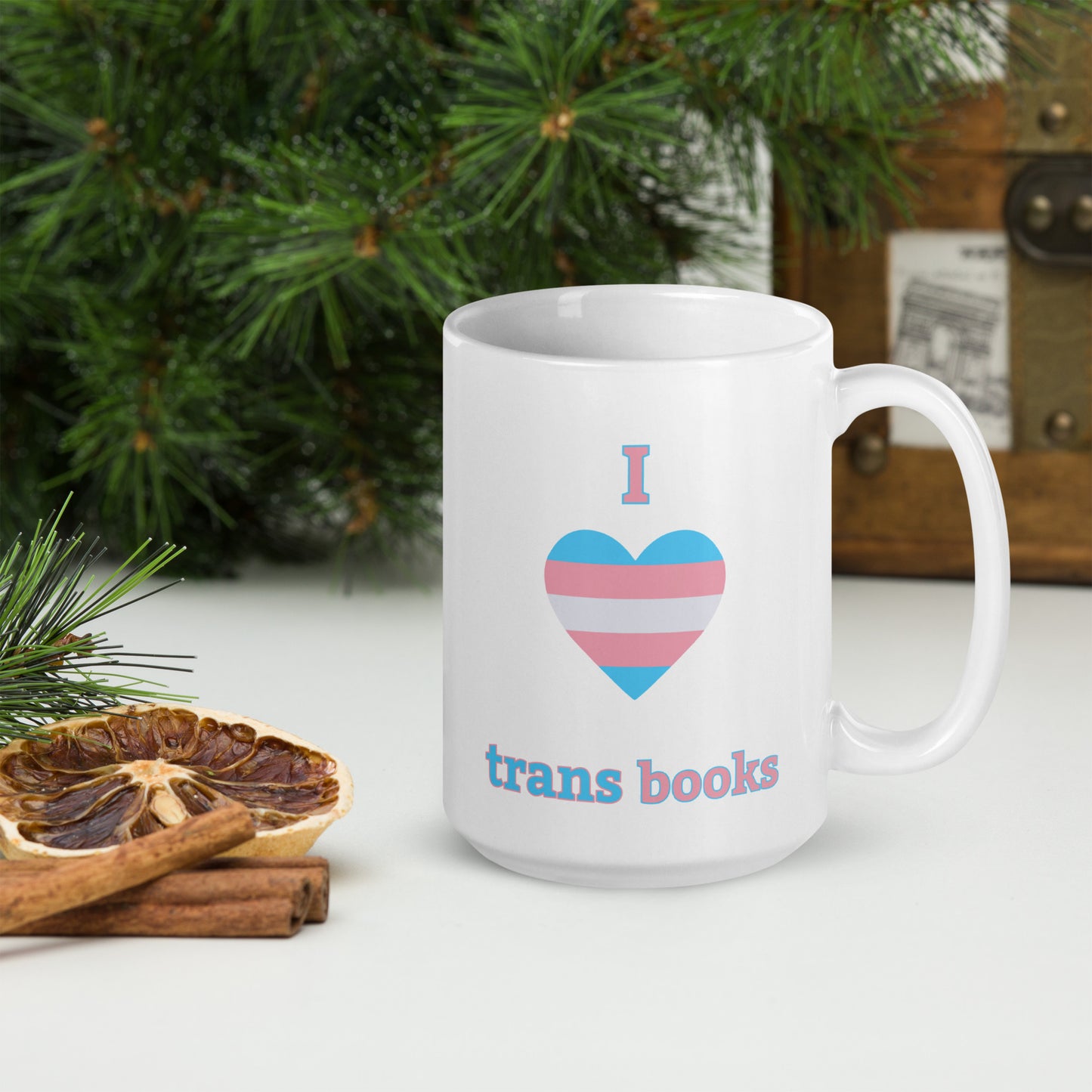 I Love Trans Books White glossy mug