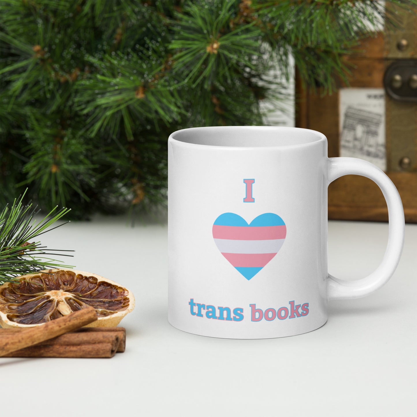 I Love Trans Books White glossy mug